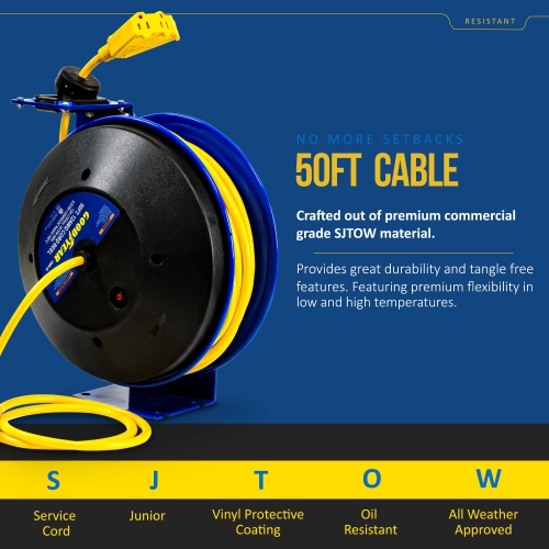 Goodyear Extension Cord Reel Retractable 12AWG x 50' Feet 3C SJTOW Cable Triple Tap Connector Power Rating 125 Volt AC 13 Amp 1625 Watt Industrial