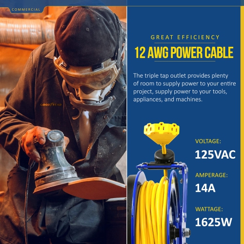Goodyear Extension Cord Reel Retractable 12AWG x 50' Feet 3C SJTOW Cable Triple Tap Connector Power Rating 125 Volt AC 13 Amp 1625 Watt Industrial