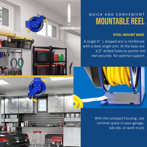 Goodyear Extension Cord Reel Retractable 12AWG x 50' Feet 3C SJTOW Cable Triple Tap Connector Power Rating 125 Volt AC 13 Amp 1625 Watt Industrial