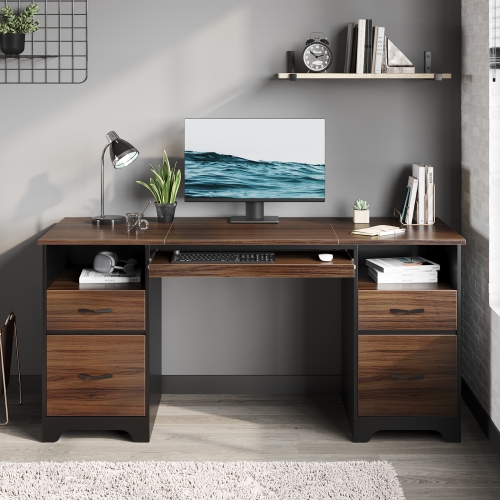 Bestier 59'' Executive Desk with 2 File and Storage Drawers, Computer Desk with Keyboard Tray and 2 Open Compartments