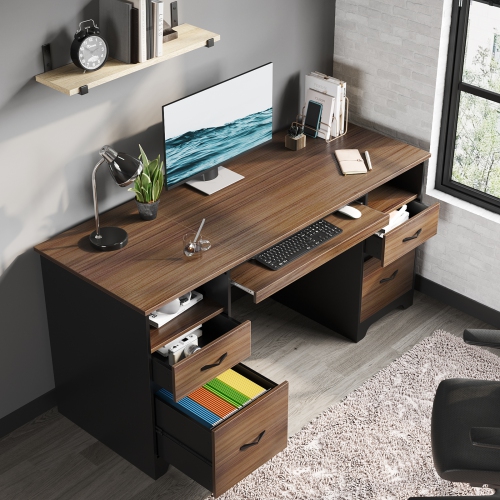 Bestier 59'' Executive Desk with 2 File and Storage Drawers, Computer Desk with Keyboard Tray and 2 Open Compartments