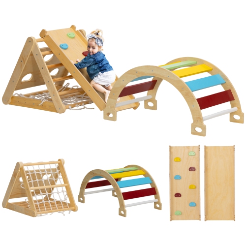 Qaba Pikler Triangle Set, 7 in 1 Climbing Toys for Toddlers Indoor, Montessori Climbing Set, Wooden Jungle Gym for Kids, with Ramp, Arch Ladder, for