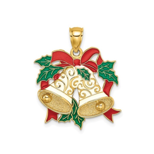 14K Yellow Gold Holiday Bells and Holly Charm Pendant