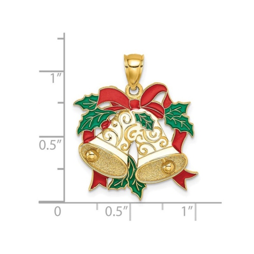 14K Yellow Gold Holiday Bells and Holly Charm Pendant