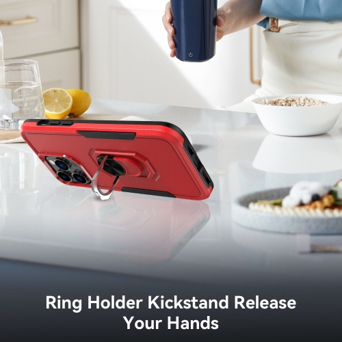 [CS] Dual Layers Heavy Duty Magnetic Hard Kickstand Case with Ring Holder for iPhone 16 Pro, Red