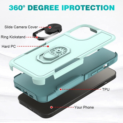 [CS] Dual Layers Heavy Duty Magnetic Hard Kickstand Case with Ring Holder for iPhone 16 Pro, Teal