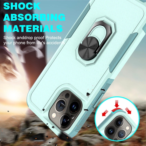 [CS] Dual Layers Heavy Duty Magnetic Hard Kickstand Case with Ring Holder for iPhone 16 Pro, Teal