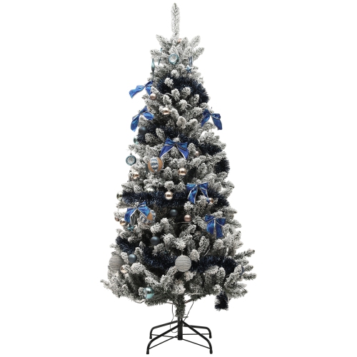 HOMCOM 6ft Artificial Prelit Christmas Tree with Warm White LED Lights and 822 Tips, Metal Stand, Xmas Tree with Blue Ornaments for Home Office