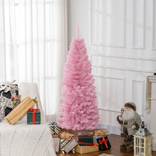 HOMCOM 5FT Artificial Christmas Tree Holiday Xmas Holiday Pencil Tree Decoration with Automatic Open for Home Party, Pink