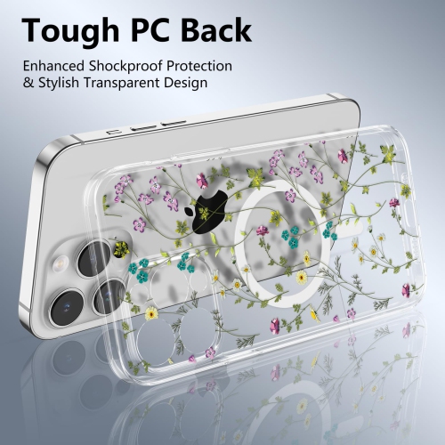 iPhone 16 Pro Case Compatible with MagSafe Clear Floral Case with Flower Branch Pattern for Girls Women Slim Cute Hard Back Shockproof Phone Case for