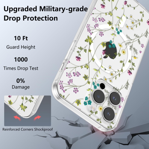 iPhone 16 Pro Case Compatible with MagSafe Clear Floral Case with Flower Branch Pattern for Girls Women Slim Cute Hard Back Shockproof Phone Case for