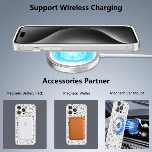 iPhone 16 Pro Case Compatible with MagSafe Clear Floral Case with Flower Branch Pattern for Girls Women Slim Cute Hard Back Shockproof Phone Case for