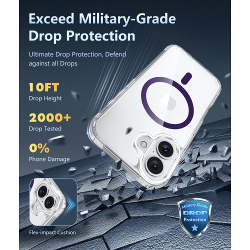 FNTCASE foriPhone 16 Case: Clear Magnetic Military Grade Drop Protection Anti Yellowing Slim Case - Rugged Shockproof Protective Transparent Cell