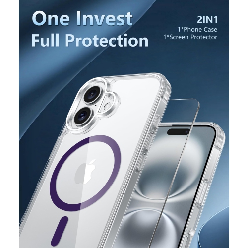 FNTCASE foriPhone 16 Case: Clear Magnetic Military Grade Drop Protection Anti Yellowing Slim Case - Rugged Shockproof Protective Transparent Cell