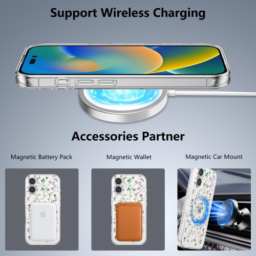 iPhone – Étui 16 plus compatible avec MagSafe Clear Floral avec motif de branche de fleurs pour filles, étui mince, arrière rigide antichoc, pour