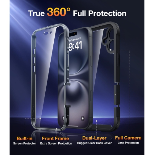 iPhone 16 Case, Full Camera Protection Full Body Rugged Case with Built-in Touch Sensitive Anti-Scratch Screen Protector for iPone 16 case 6.1"(Black)