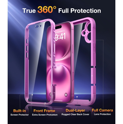 Designed for iPhone 16 Case, Full Camera Protection Full Body Rugged Case with Built-in Touch Sensitive Anti-Scratch Screen Protector for iPone 16