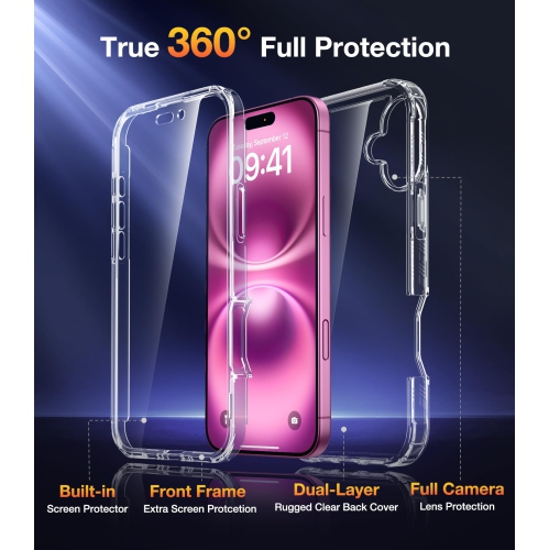 Designed for iPhone 16 Case, Full Camera Protection Full Body Rugged Case with Built-in Touch Sensitive Anti-Scratch Screen Protector for iPone 16