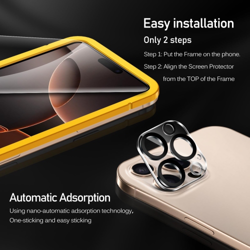 Paquet de 3 protecteurs d'écran en verre trempé pour iPhone 16 Pro Max, 6,9 po, 3 protecteurs d'objectif avec cadre Alignment, étui antirayure