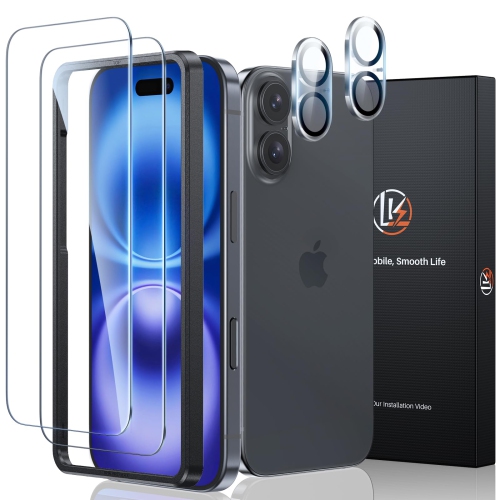 2 Pack Compatible for iPhone 16 Screen Protector + 2 Pack Camera Lens Protector, Tempered Glass Film, Ultra HD, 9H Hardness, Bubble Free, Easy Instal