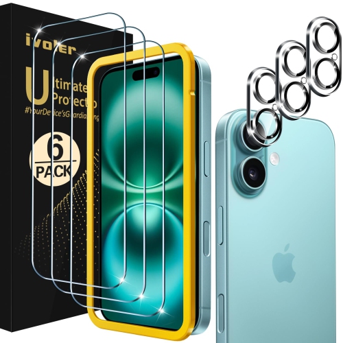 Paquet de 3 protecteurs d'écran en verre trempé pour iPhone 16 plus de 6,7 po avec 3 protecteurs d'objectif pour appareil photo avec cadre Alignment,