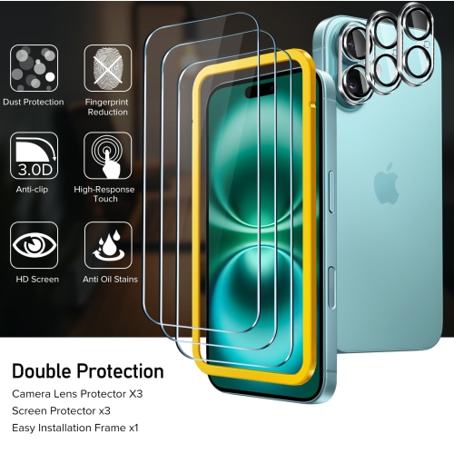 Pack Tempered Glass for iPhone 16 Plus Screen Protector 6.7'' 3 Pack with 3 Pack Camera Lens Protector with Alignment Frame , Anti-Scratch Case