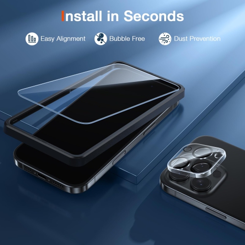 2 Pack Compatible for iPhone 16 Pro Max Screen Protector + 2 Pack Camera Lens Protector, Tempered Glass Film, Ultra HD, 9H Hardness, Bubble Free,