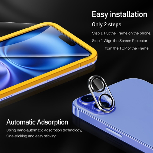 Paquet de 3 protecteurs d'écran en verre trempé pour iPhone 16 de 6,1 po avec 3 protecteurs d'objectif pour appareil photo avec cadre Alignment, étui