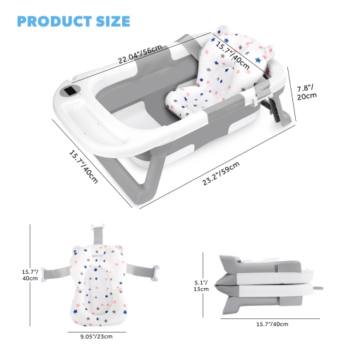 Folding Baby Bath Tub with Soft Support Cushion and Temperature Sensor, Anti-Slip Portable Travel Shower Basin