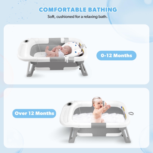 Folding Baby Bath Tub with Soft Support Cushion and Temperature Sensor, Anti-Slip Portable Travel Shower Basin