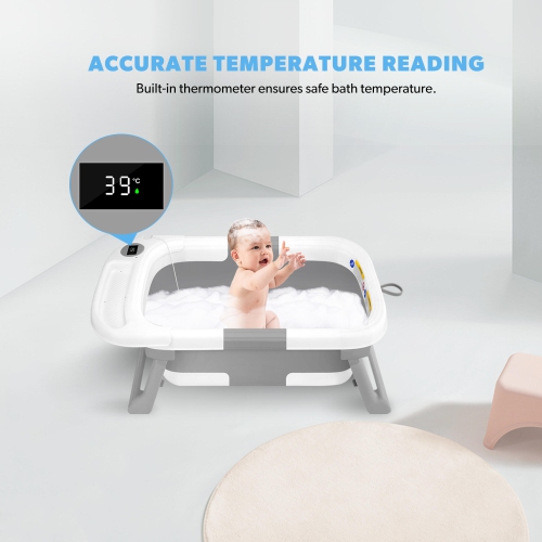 Folding Baby Bath Tub with Soft Support Cushion and Temperature Sensor, Anti-Slip Portable Travel Shower Basin