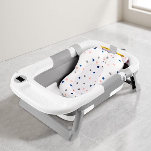 Folding Baby Bath Tub with Soft Support Cushion and Temperature Sensor, Anti-Slip Portable Travel Shower Basin