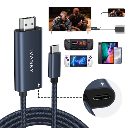 iVANKY 2-in-1 USB C to HDMI 100W Charging Cable Dock for Steam Deck OLED/ASUS ROG Ally X/MSI Claw, 4K@60Hz Nylon Braided Cable Portable Travel TV