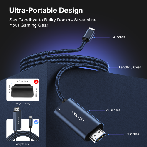 iVANKY 2-in-1 USB C to HDMI 100W Charging Cable Dock for Steam Deck OLED/ASUS ROG Ally X/MSI Claw, 4K@60Hz Nylon Braided Cable Portable Travel TV