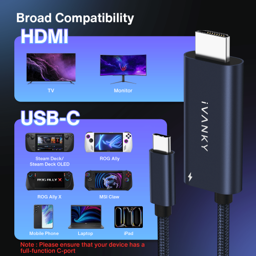 iVANKY 2-in-1 USB C to HDMI 100W Charging Cable Dock for Steam Deck OLED/ASUS ROG Ally X/MSI Claw, 4K@60Hz Nylon Braided Cable Portable Travel TV