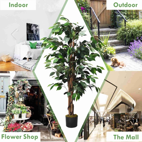 Costway 4 Feet Artificial Ficus Silk Tree Wood Trunks Green In/Outdoor Home Decor