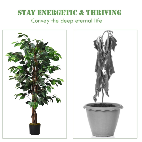 Costway 4 Feet Artificial Ficus Silk Tree Wood Trunks Green In/Outdoor Home Decor