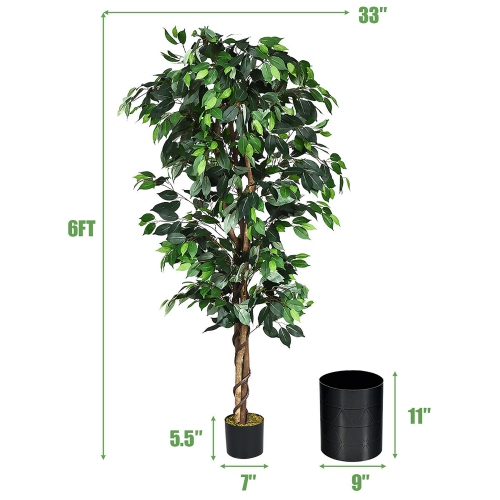 Costway 6 Feet Artificial Ficus Silk Tree Wood Trunks Green In/Outdoor Home Decor