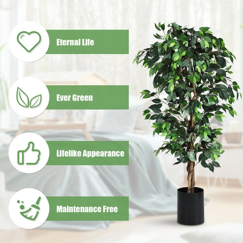 Costway 6 Feet Artificial Ficus Silk Tree Wood Trunks Green In/Outdoor Home Decor