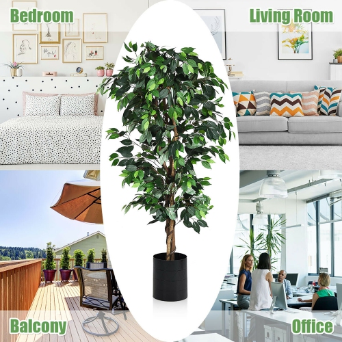 Costway 6 Feet Artificial Ficus Silk Tree Wood Trunks Green In/Outdoor Home Decor