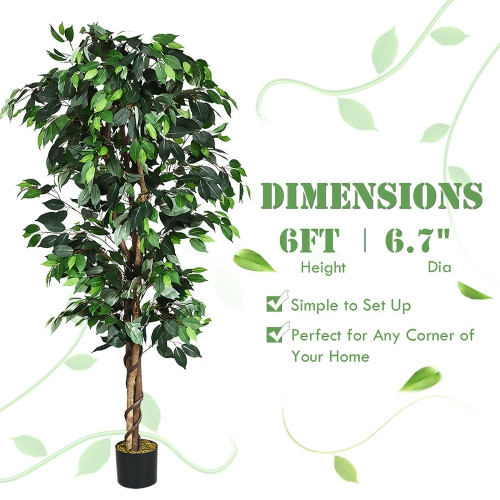 Costway 6 Feet Artificial Ficus Silk Tree Wood Trunks Green In/Outdoor Home Decor