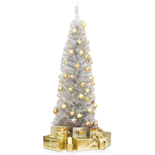 Costway 6FT Silver Tinsel Tree Unlit Slim Pencil Christmas Tree w/Metal Stand Home Decor