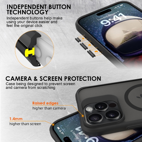 Uolo – Étui rigide Soul+ iPhone 16 Pro avec protection de qualité militaire certifiée contre les chutes [MagSafe], noir