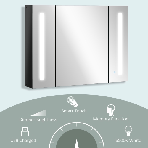 kleankin LED Lighted Medicine Cabinet with Mirror, 35.5"W x 25.5"H Wall Mounted Bathroom Cabinet with 3 Cupboards, Memory Function, USB Charge, High