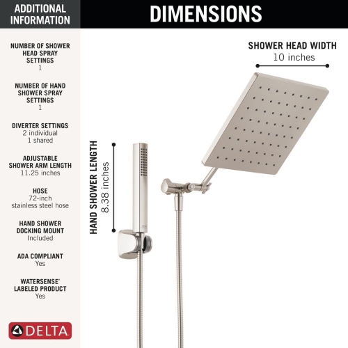 Delta Faucet 10-inch Raincan Shower Head and Hand Held Shower Combo, Brushed Nickel Square Shower Head