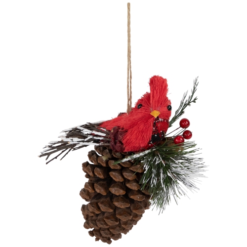 Woodland Cardinal Bird Perched on a Pinecone Frosted Christmas Ornament - 6.75"