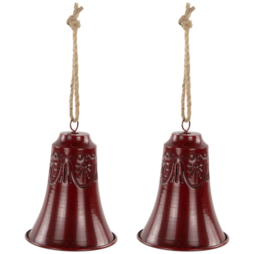 Embossed Christmas Bell Ornaments - 6" - Burgundy - Set of 2
