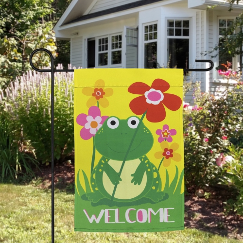 Happy Frog "Welcome" Floral Outdoor Garden Flag 18" x 12.5"