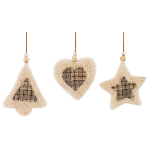Plush Tree Star and Heart Shaped Plaid Christmas Ornaments - 4.5" - Tan - Set of 3