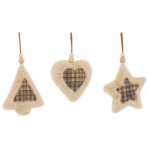 Plush Tree Star and Heart Shaped Plaid Christmas Ornaments - 4.5" - Tan - Set of 3
